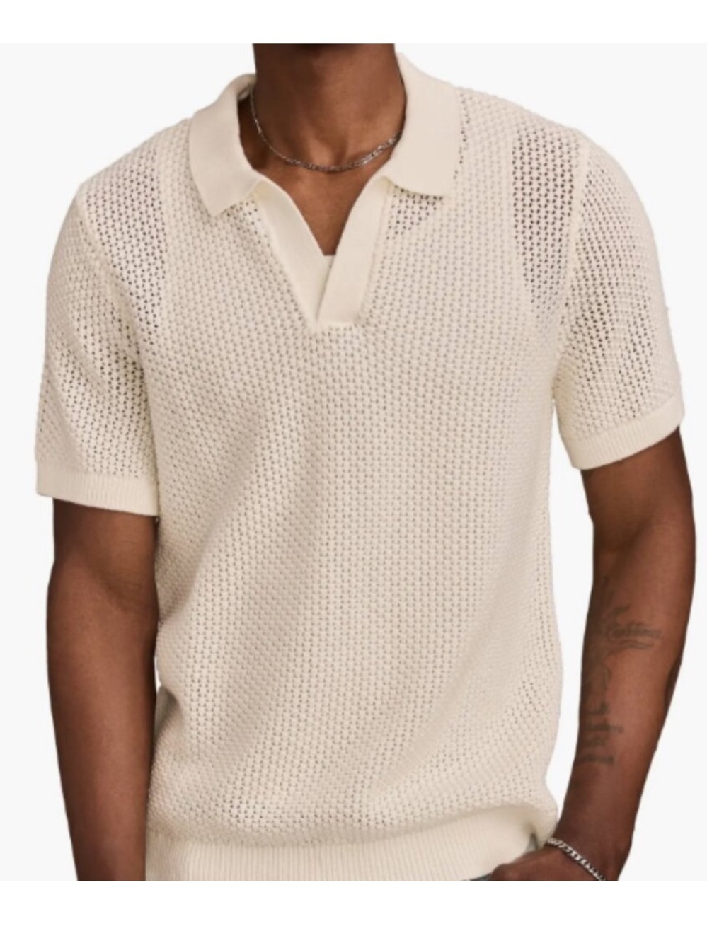 Lucky Brand Johnny Collar Pointelle Sweater Polo Cream Large